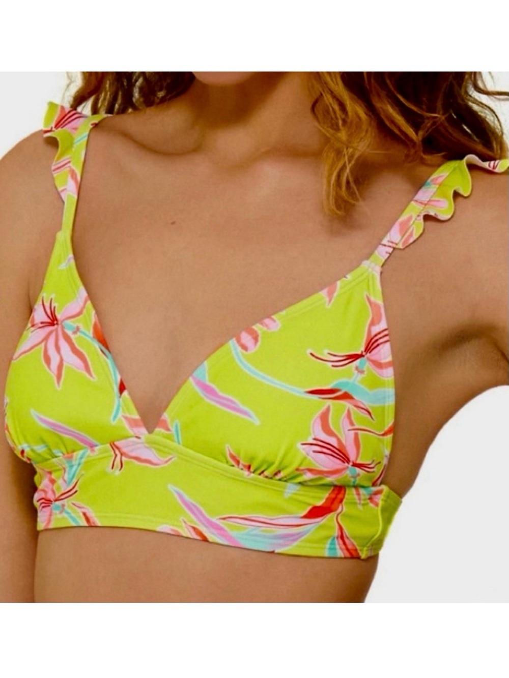 Ninety-Nine Degrees Ruffle Strap Triangle Bikini Top Jr XL Green Pink Floral NWT